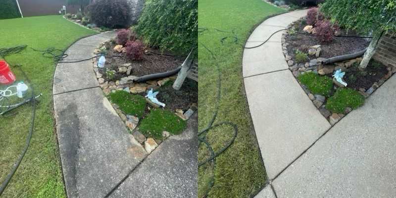 A residential walkway after cleanup, with the lawn and curved concrete path clear of the debris visible in the matching before view.