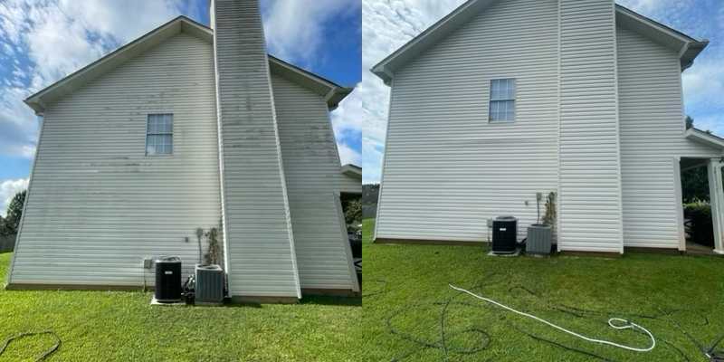 Cleared residential walkway and lawn after cleanup, shown beside the matching before view.